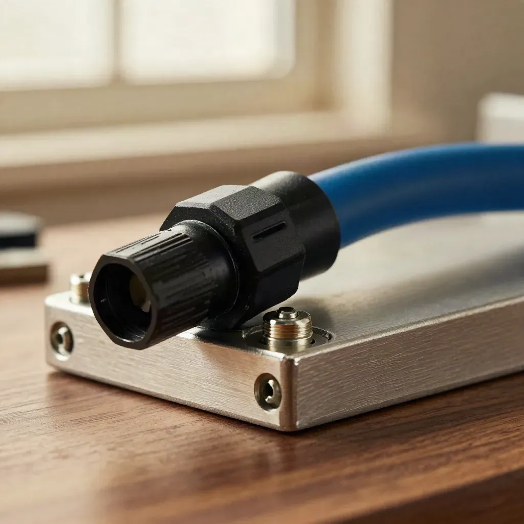 Close-up of battery module casing, connector, fastener and blue cable sheath on a walnut bench