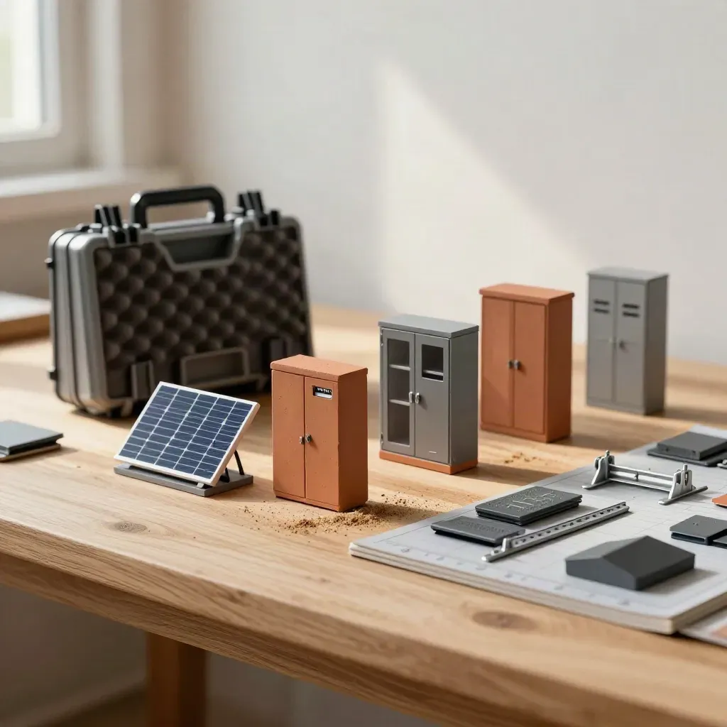 Miniature solar, storage and EV charging site models with service case and roof pieces on a workbench