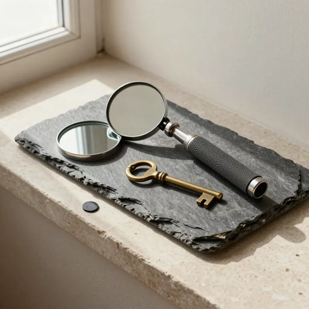 Roof tile sample, torch, inspection mirror and meter key on a stone sill