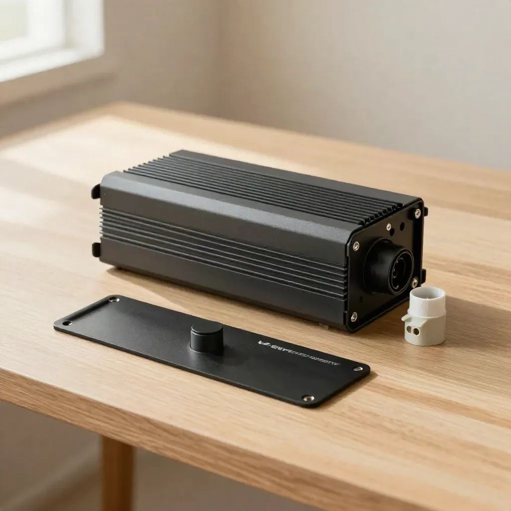 Inverter, connectors and mounting bracket on pale oak in soft side light.