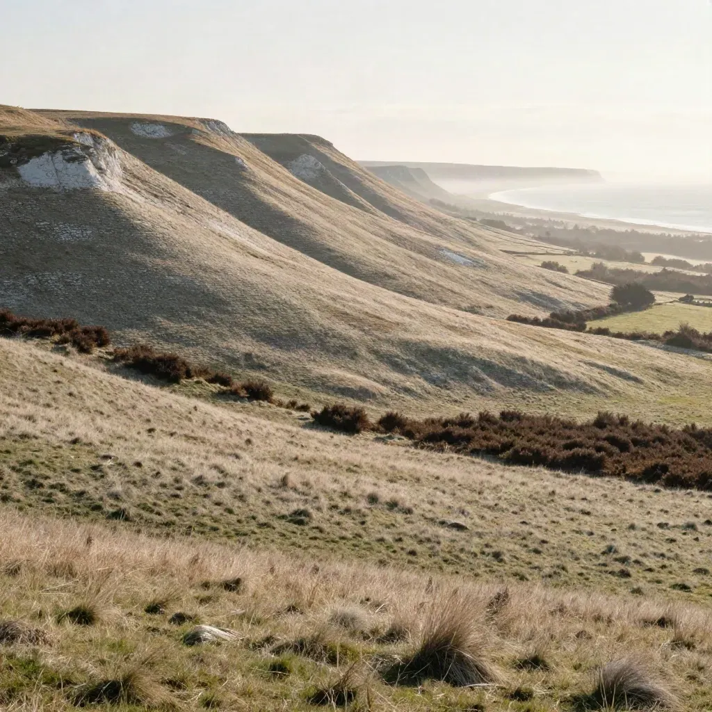 Chalk downs rolling toward a silver coast in soft late-afternoon haze