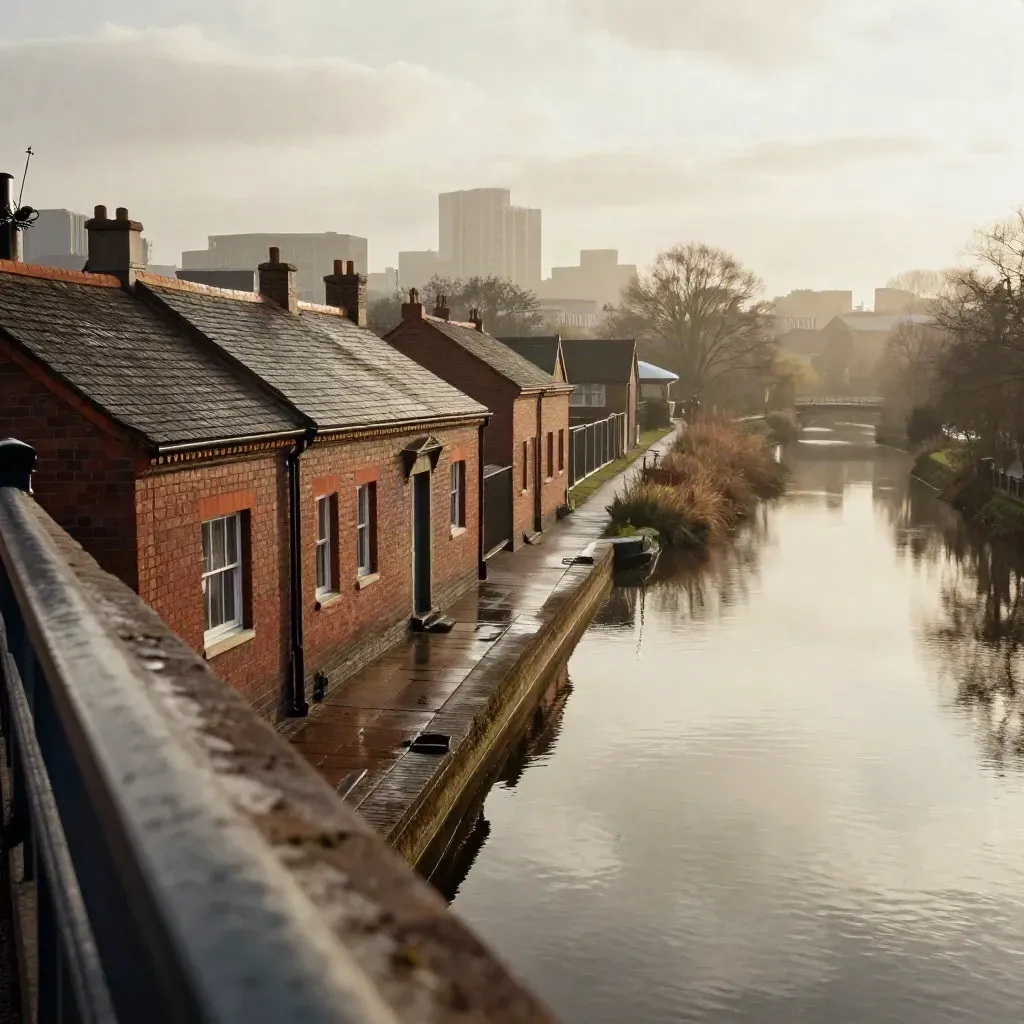 Wet red-brick terraces and canal water beneath a hazy West Midlands skyline.