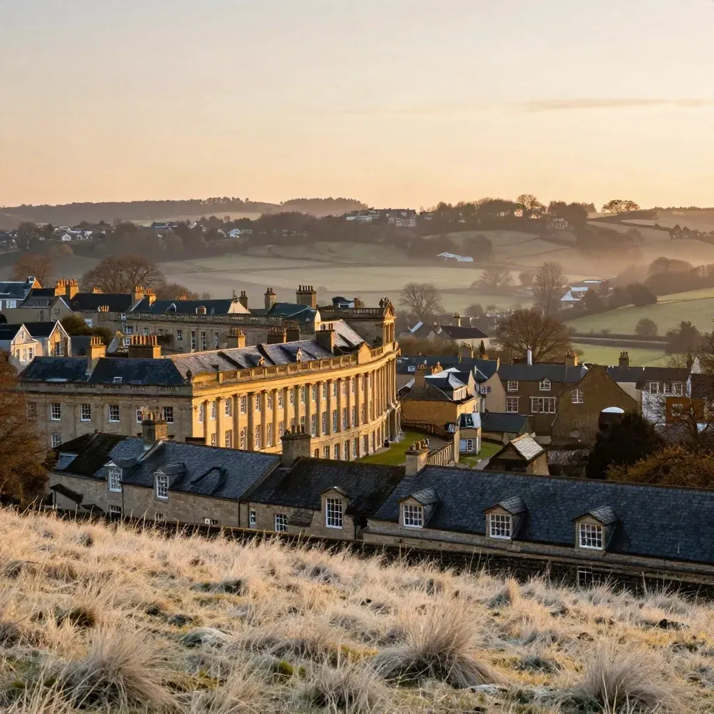 Bath terraces above the Avon valley in warm sunset haze, with calm open foreground.