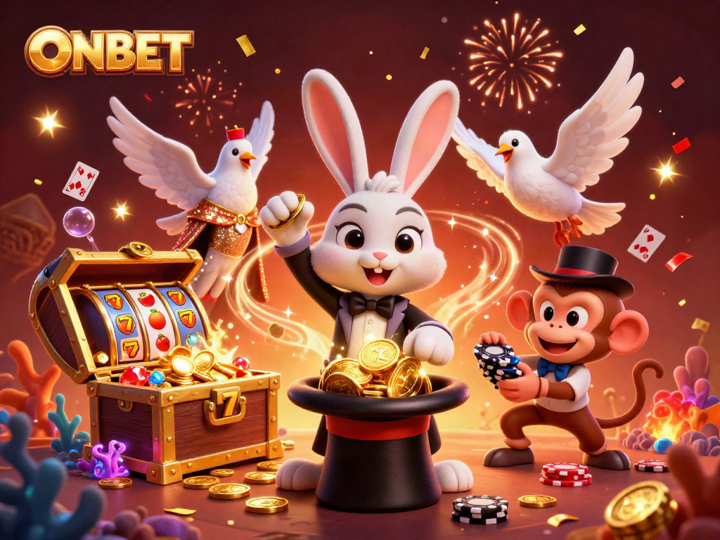 Experience the thrill of ONBET with a magician rabbit, glamorous dove, and playful monkey in a vibrant casino scene.