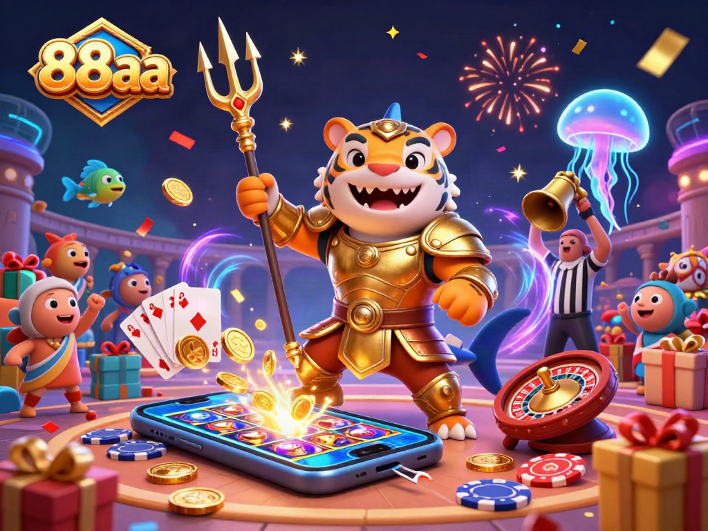 Experience the thrilling underwater casino magic of 88aa with a vibrant shark gladiator, slots, and excitement.
