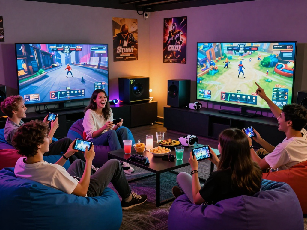 Friends enjoying an adult game together in a vibrant gaming lounge.