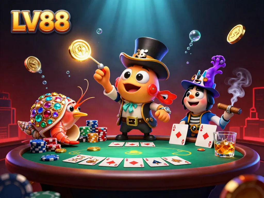 Engage with LV88's vibrant casino world featuring glowing treasures and animated characters.