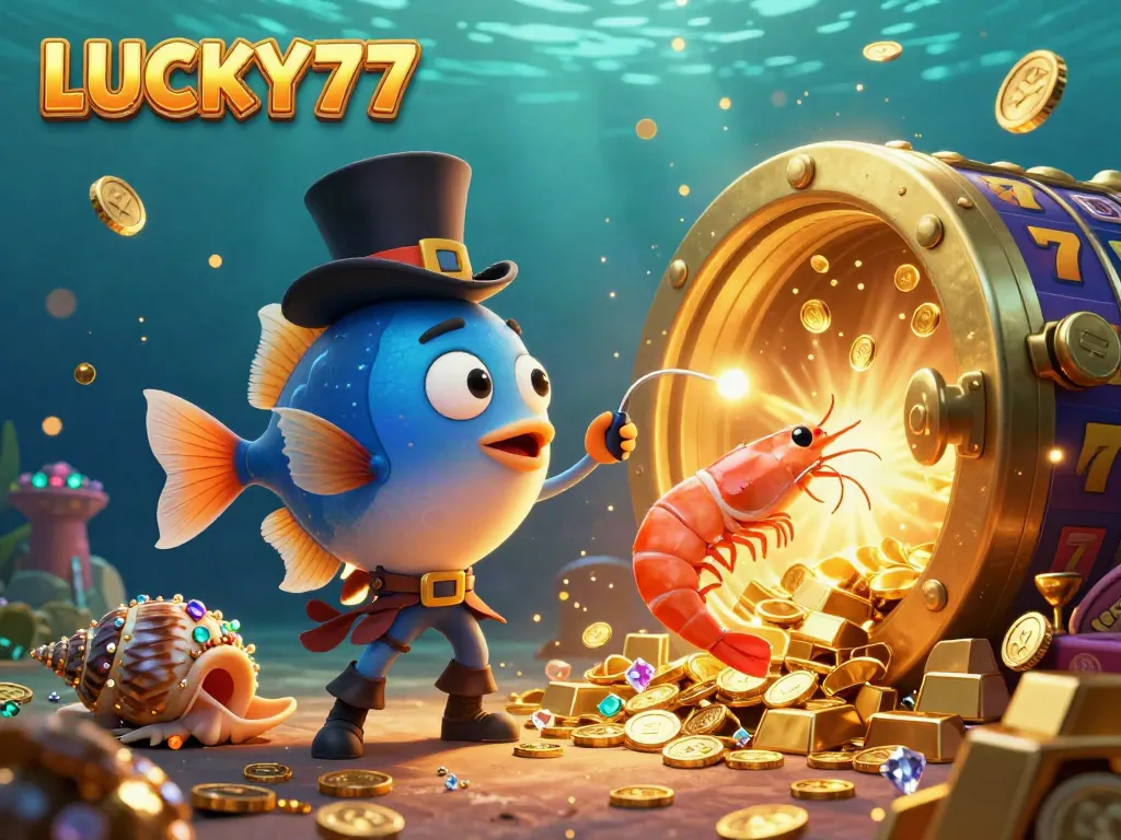 LUCKY77 slot game illustration featuring a glowing anglerfish and pirate shrimp attracting gold coins.