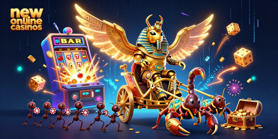 Experience the thrill of new online casinos with a dynamic 3D casino scene featuring golden beetles and awards.