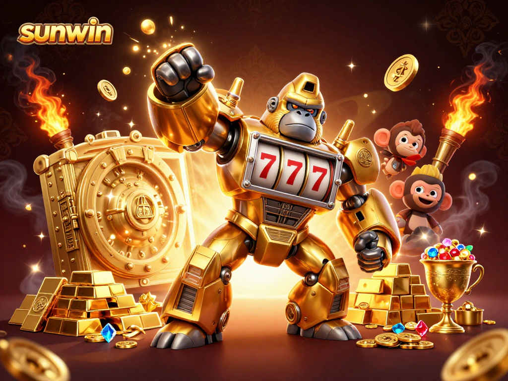 Experience sunwin's golden gorilla mech amidst bursting treasures and dynamic casino elements.