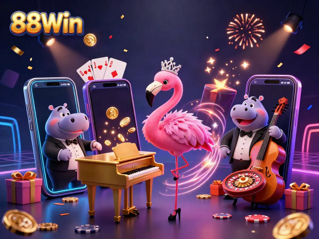 Experience the thrilling fun at 88Win with vibrant slot games, flamingo singer, and dynamic casino elements.