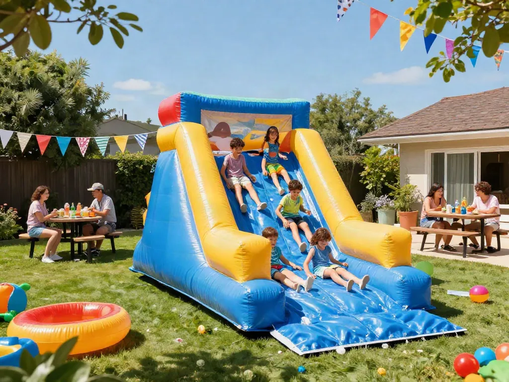 Children enjoying an inflatable water slide at a summer party, surrounded by vibrant inflatable toys and joyful atmosphere.