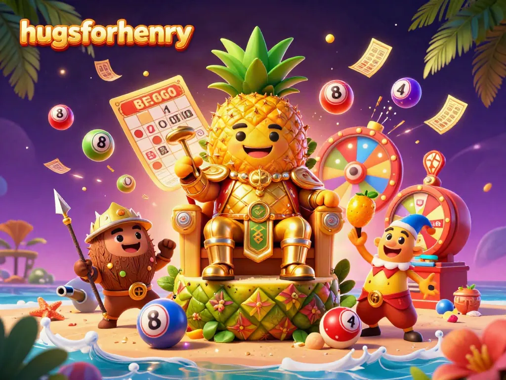 Experience exciting casino gameplay with the vibrant Hugs for Henry scene featuring a golden pineapple king.