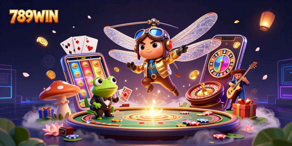 Engage with 789WIN as the dragonfly pilot hovers over a vibrant lily pad casino, showcasing exciting gaming elements.