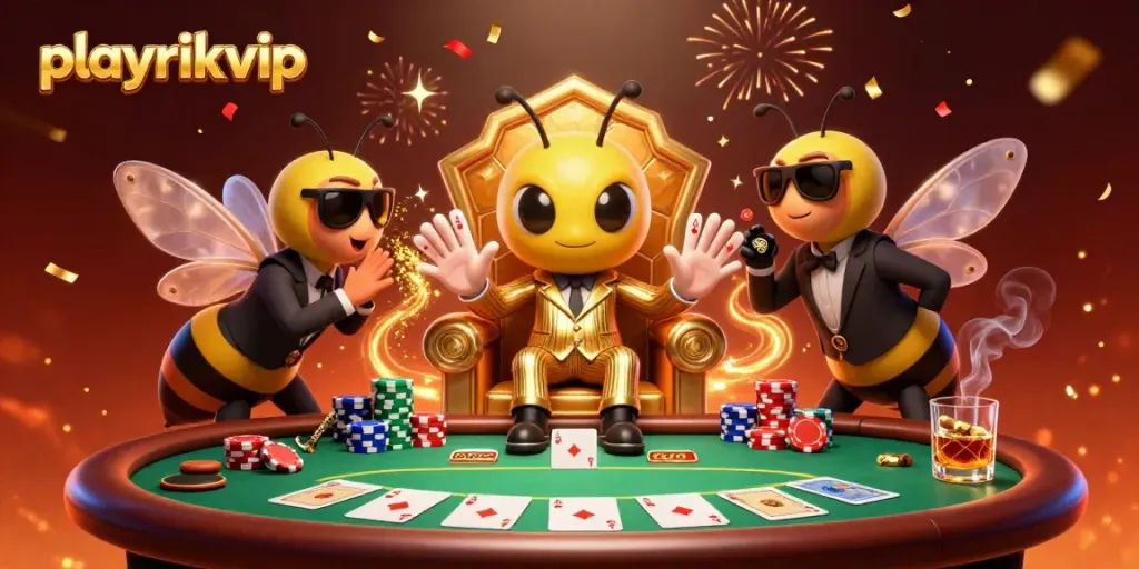 Engage in poker strategies at playrikvip with a lively 3D illustration of a bumblebee mob boss and gaming elements.