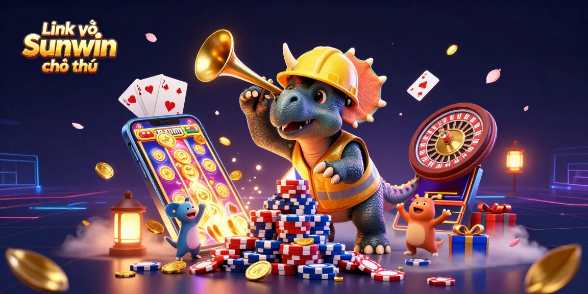 Engage in excitement with Link vào Sunwin chính thức, as a triceratops builds poker chip pyramid amidst animated celebration.