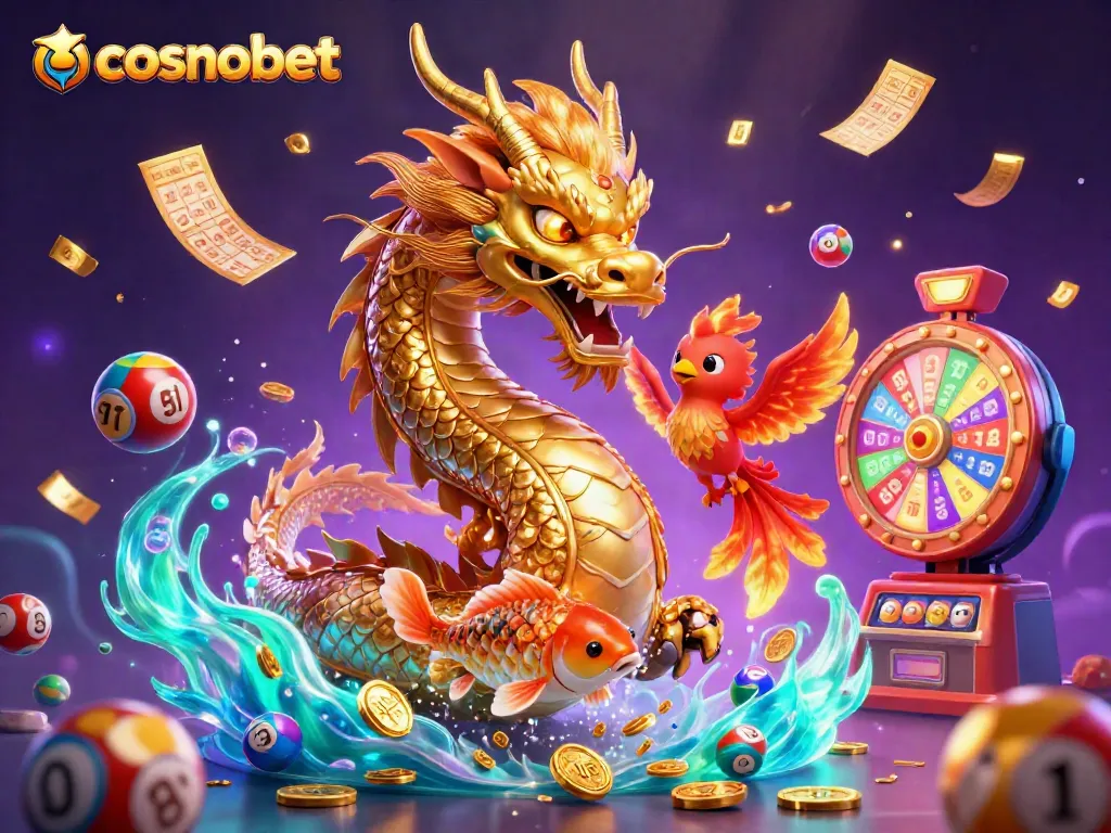 Join cosmobet's vibrant gaming scene with a golden dragon, phoenix, and koi amidst dynamic lottery elements.