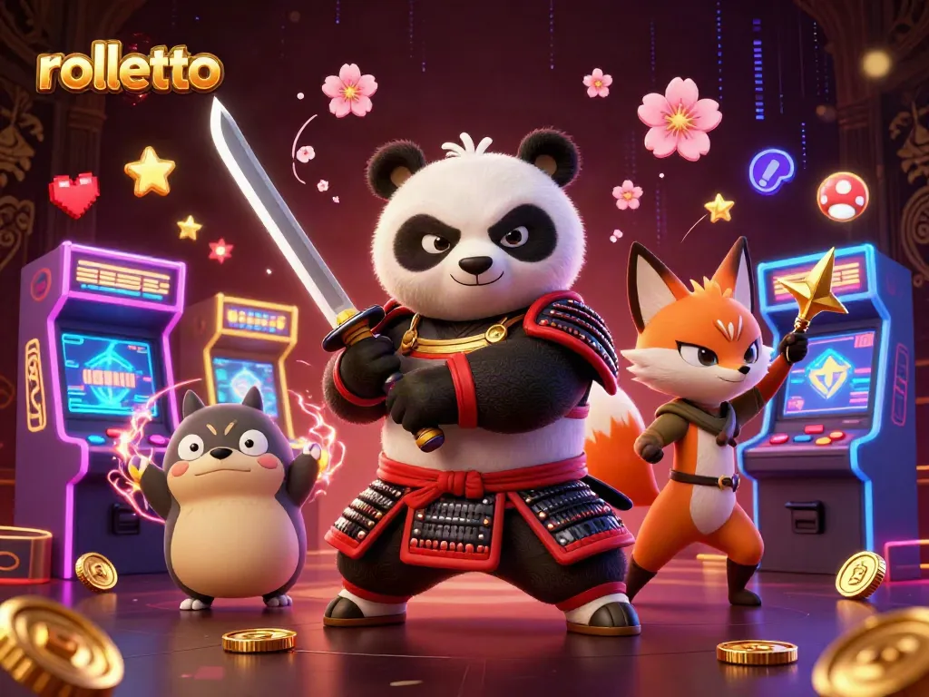 Explore Rolletto's dynamic 3D scene featuring characters and arcade game elements in an engaging casino environment.