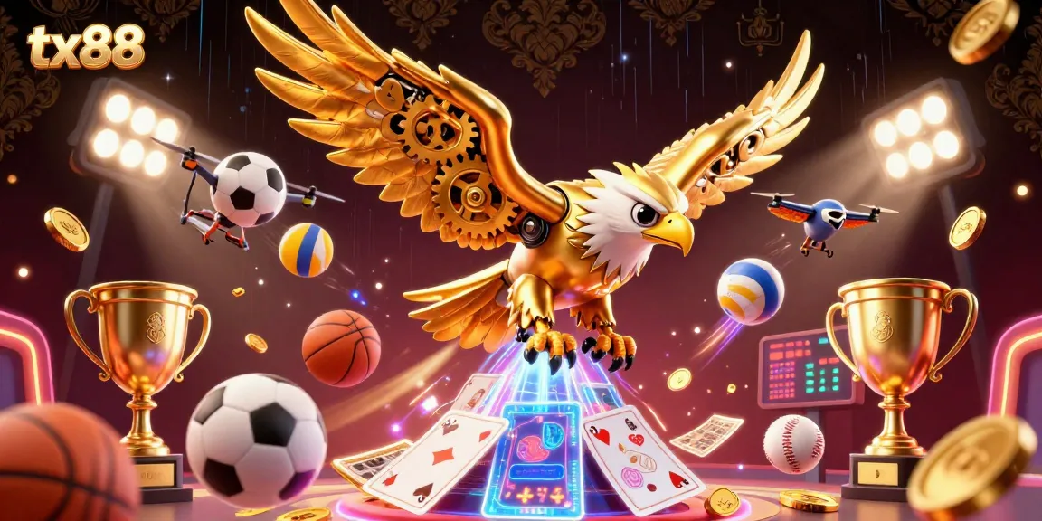 Experience relentless action with tx88's vibrant casino scene featuring a golden eagle and dynamic sports elements.