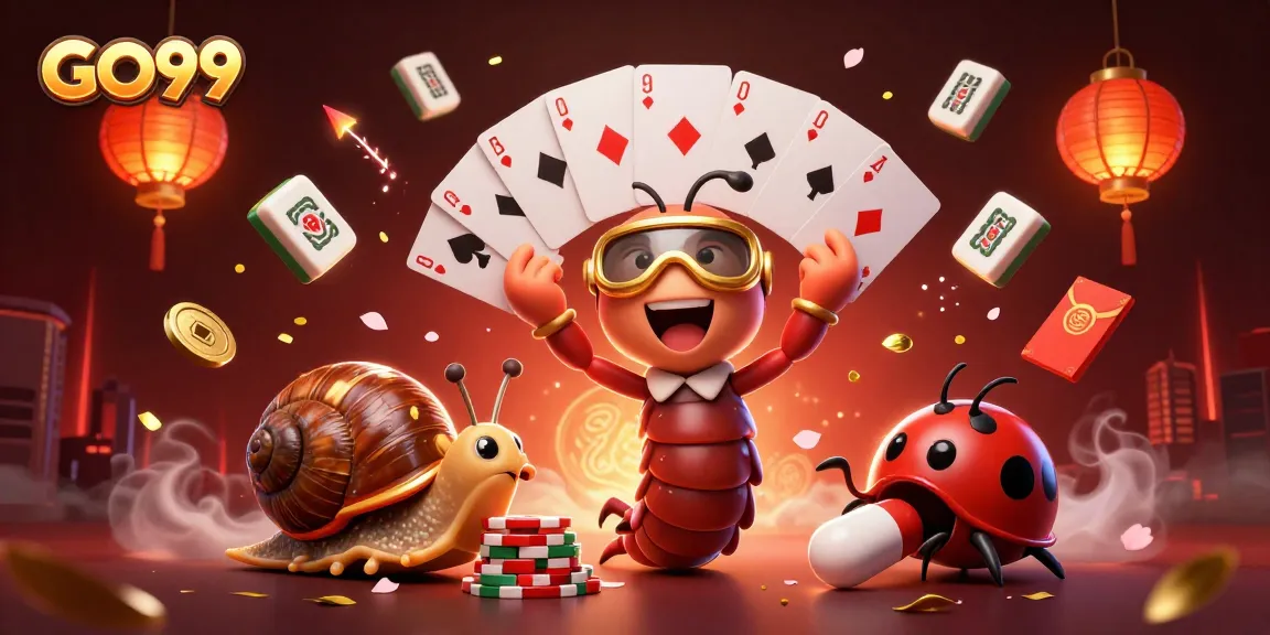 Join the excitement with GO99 as a millipede dealer showcases unique playing cards amidst vibrant casino elements.