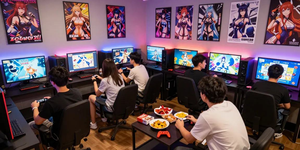 Engaged gamers enjoying ecchi games in a lively lounge, showcasing community fun.
