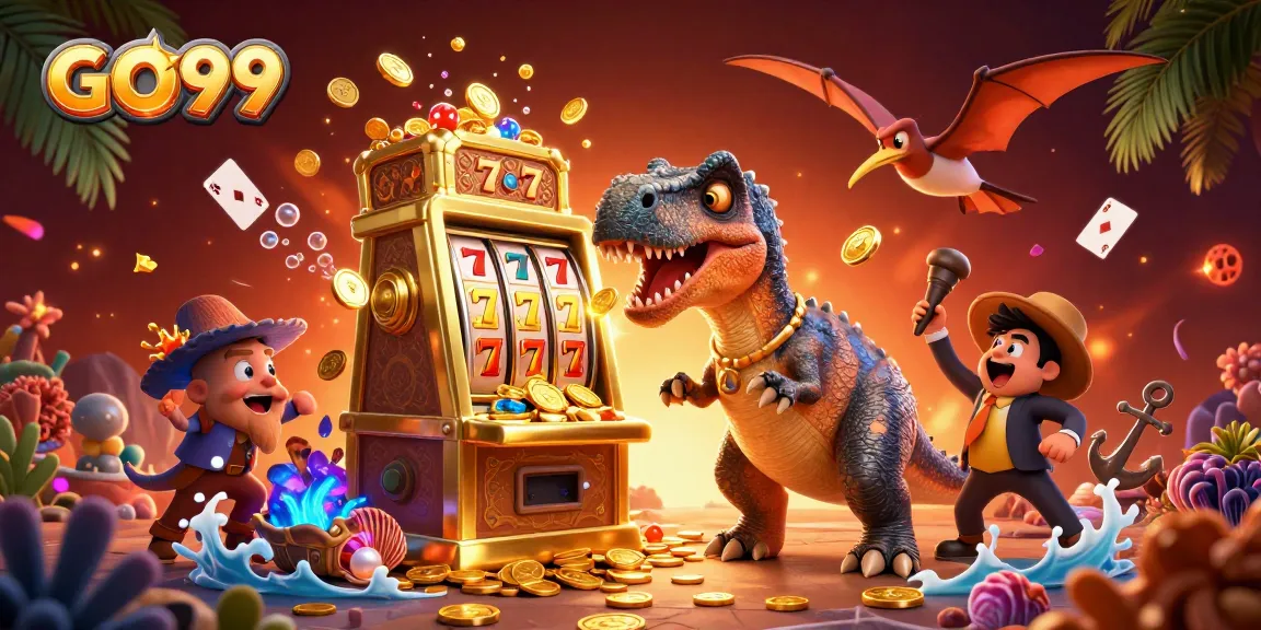 Catch golden coins with GO99 in this dynamic casino scene filled with dinosaurs.